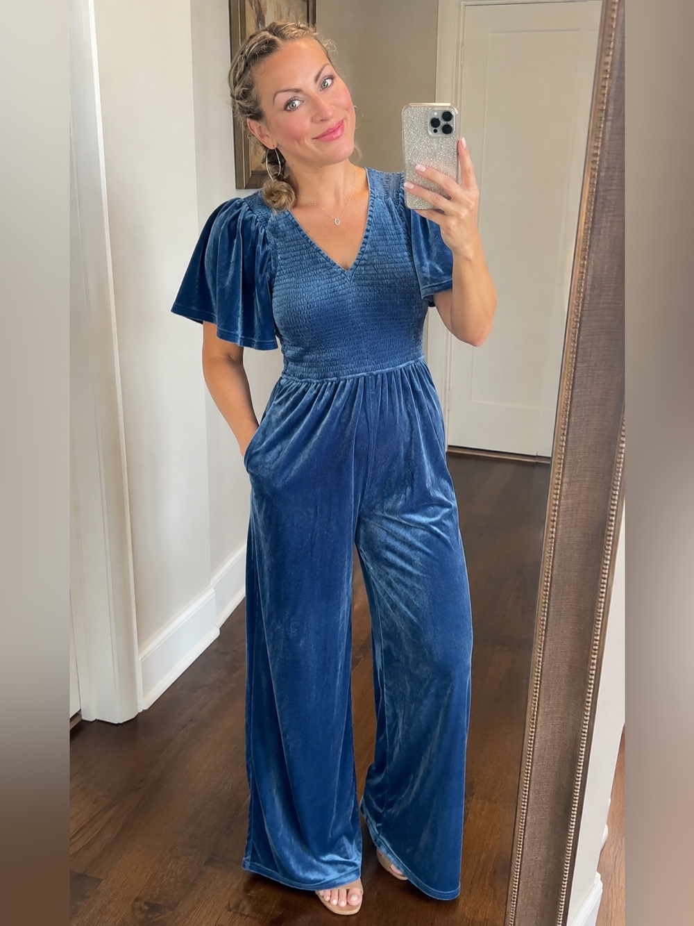 Dress Day Blue Velvet Smocked Wide-Leg Jumpsuit – Size Small